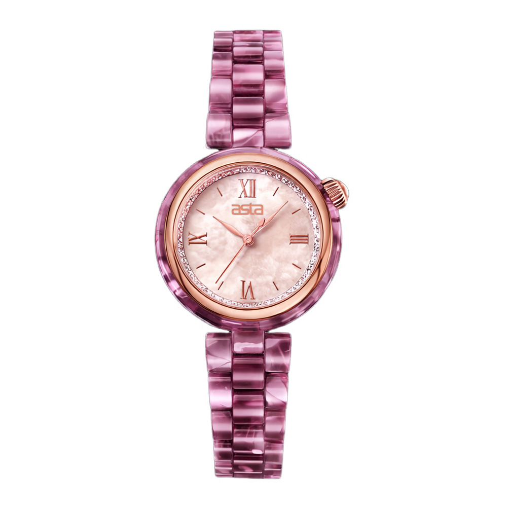 Purple marbled asta acetate women's watch with Roman numeral dial