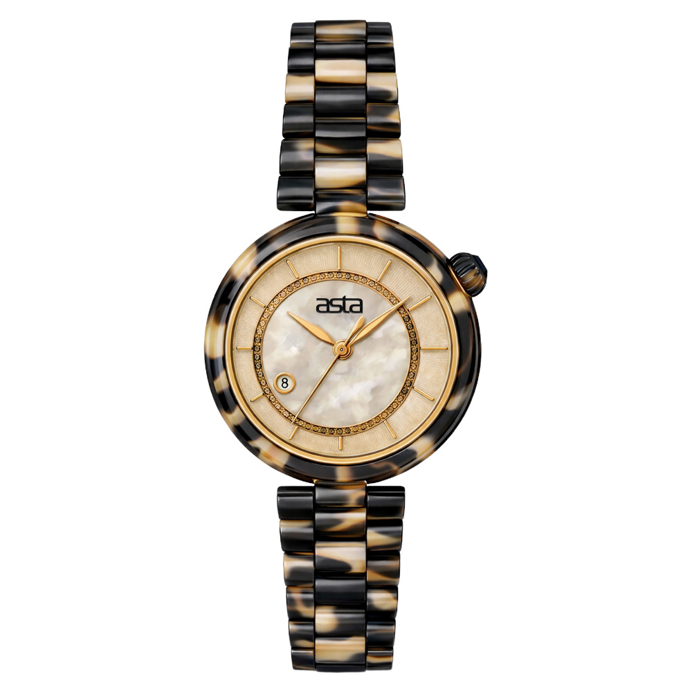 Women's tortoiseshell asta acetate watch with mother-of-pearl dial, gold accents and date window