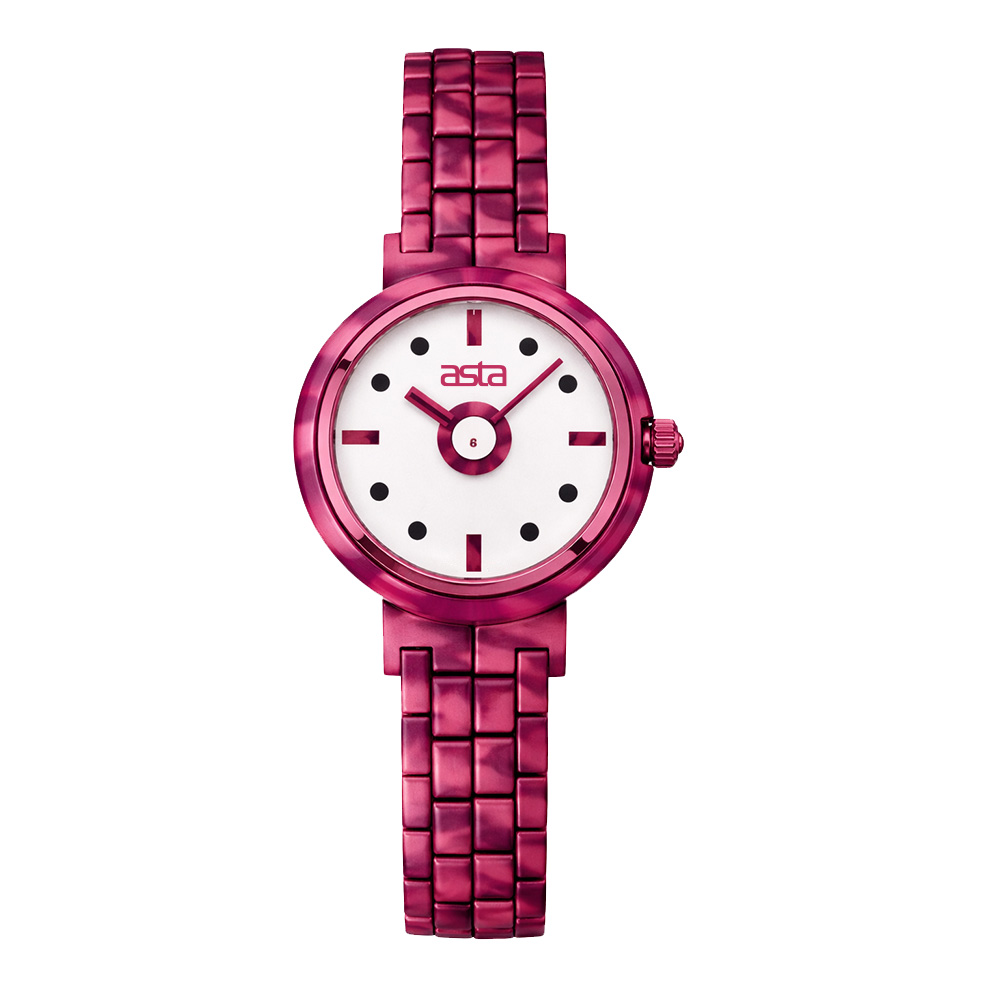 Fuchsia asta acetate bracelet watch featuring a white dial, dot hour markers and bold hands