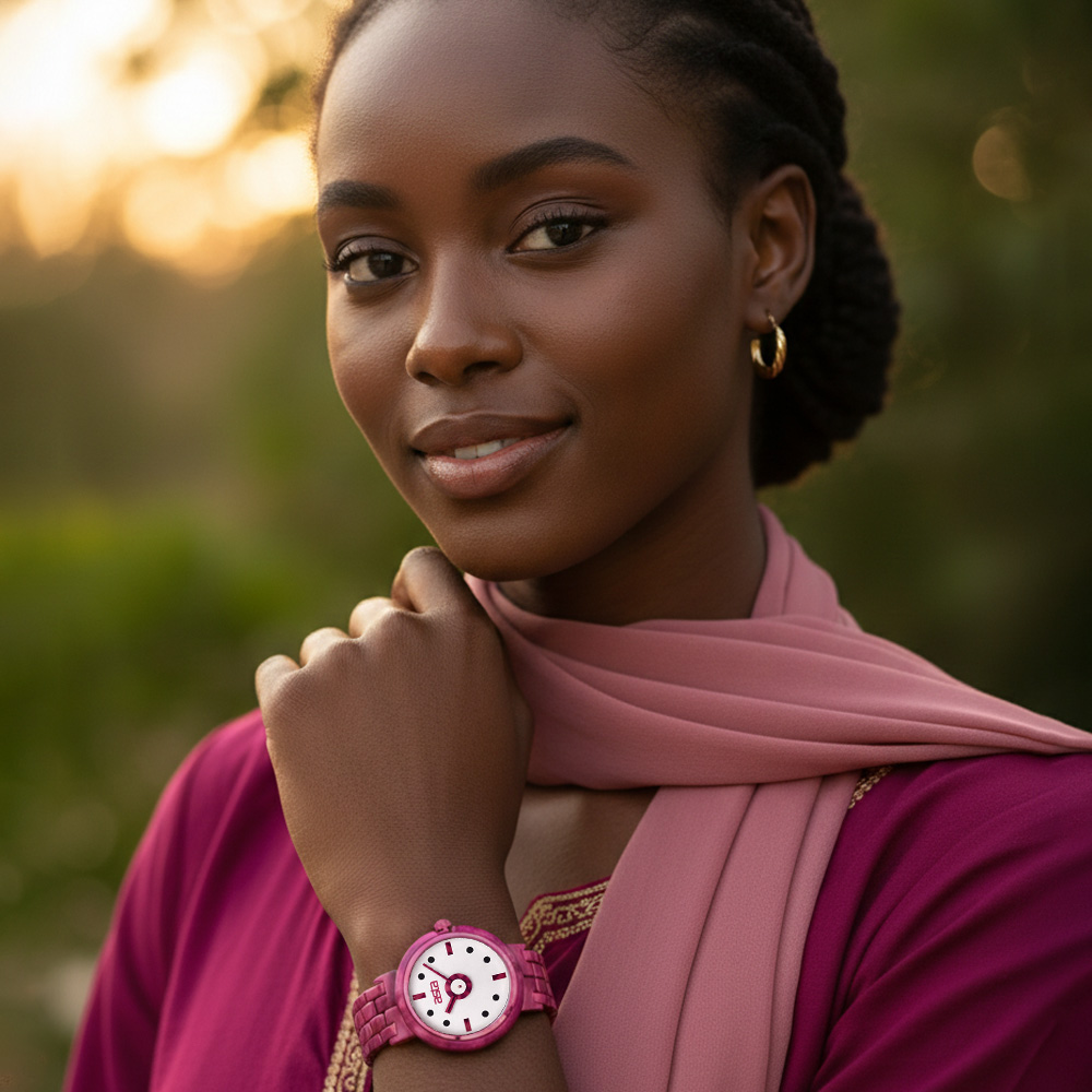 Lifestyle photo of a women's fuchsia asta acetate bracelet watch featuring a white dial, dot hour markers and bold hands
