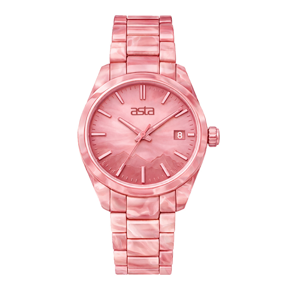 Pink asta acetate bracelet watch featuring a marbled case and bracelet, pink dial with subtle landscape detail and date display