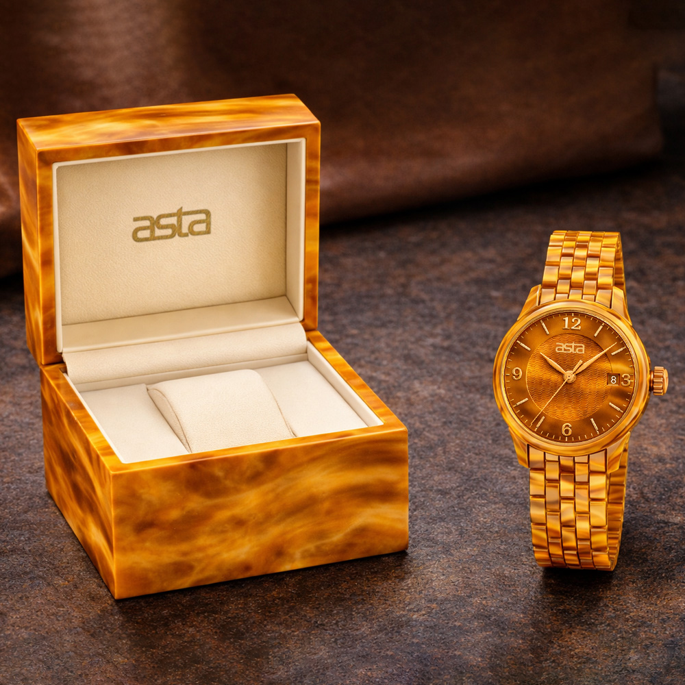Amber Tortoise Shell Acetate Wristwatch standing next to its opened matching amber pattern watch box