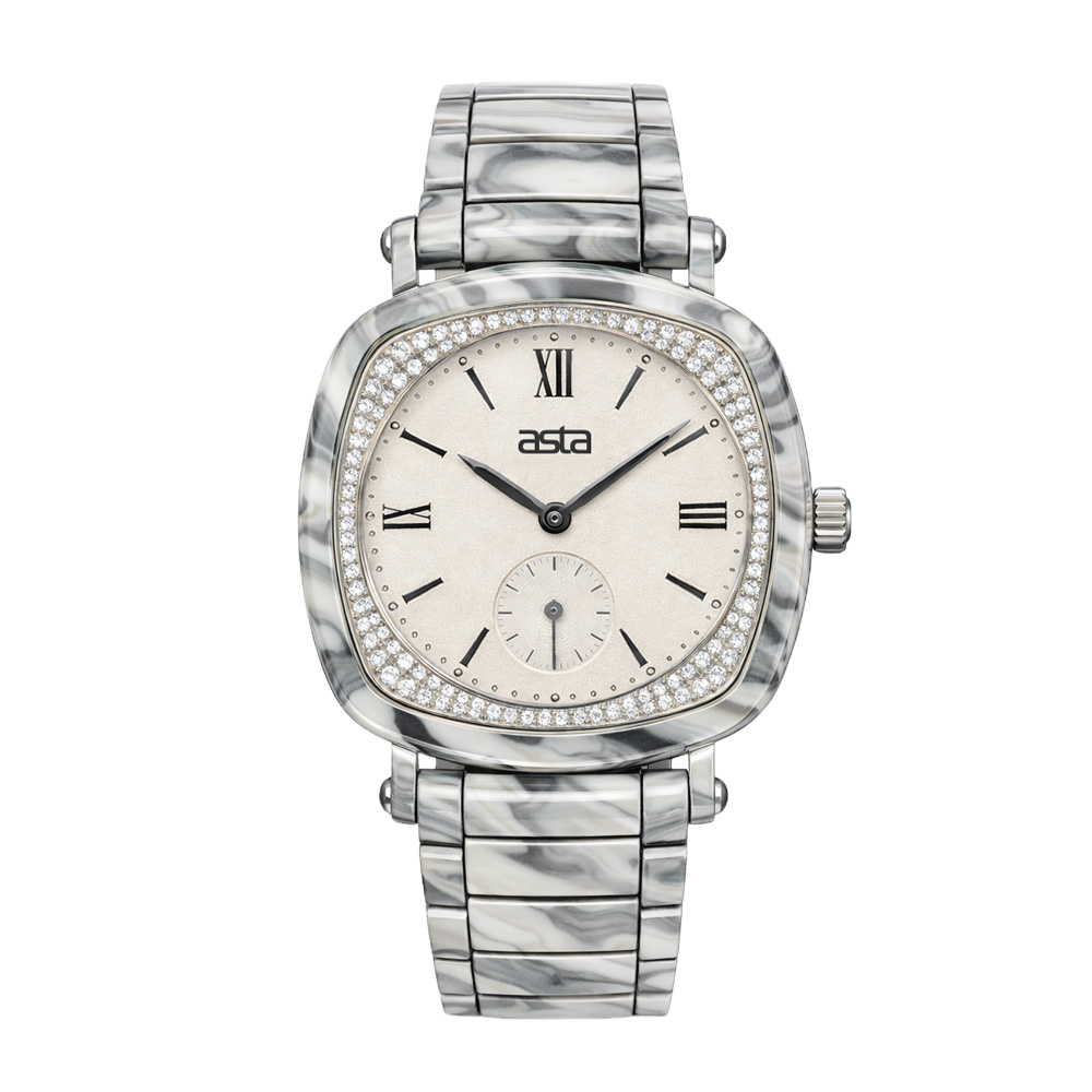 ASTA Luxury Grey and White Marbled Acetate Wristwatch with Minimalist Business Style