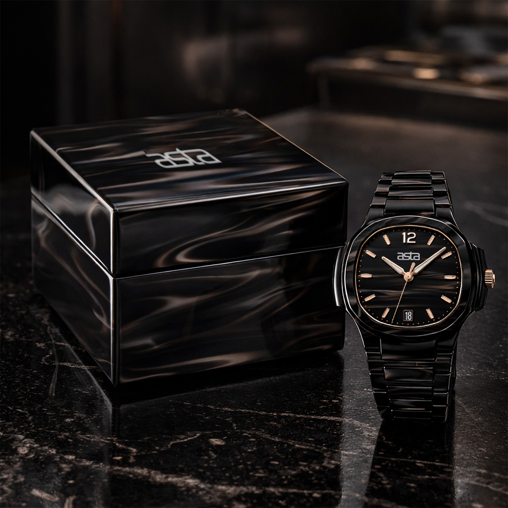 Black and Brown Marbled asta Acetate Watch standing next to an elegant matching patterned watch box