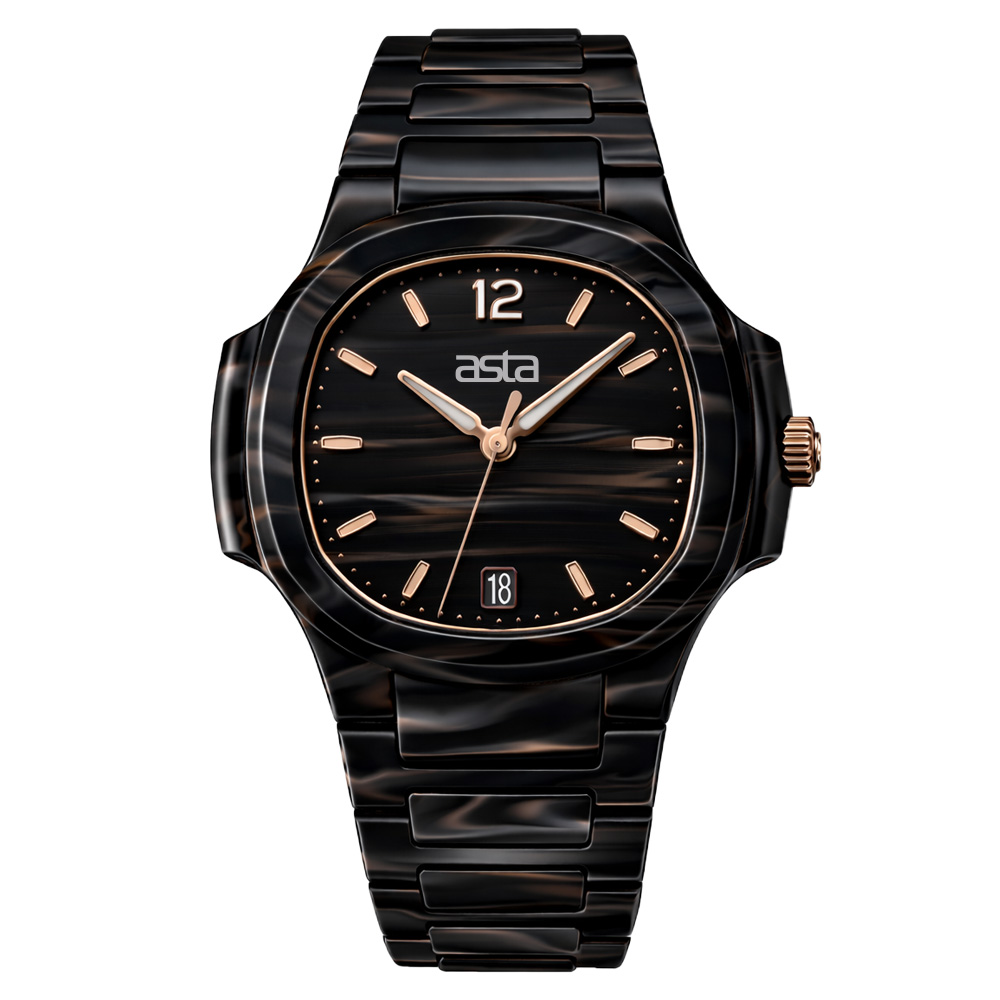 ASTA Luxury Obsidian Dark Wood Grain Style Acetate Wristwatch with Minimalist Business Dial