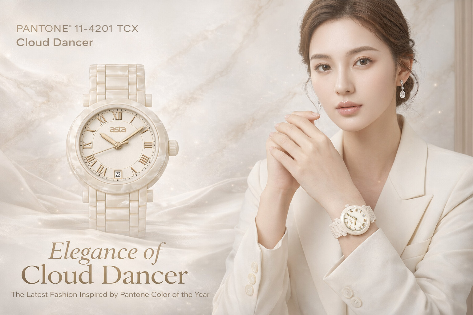 Fashion Banner showing the latest Cloud Dancer white asta acetate watch on a model in a professional white blazer