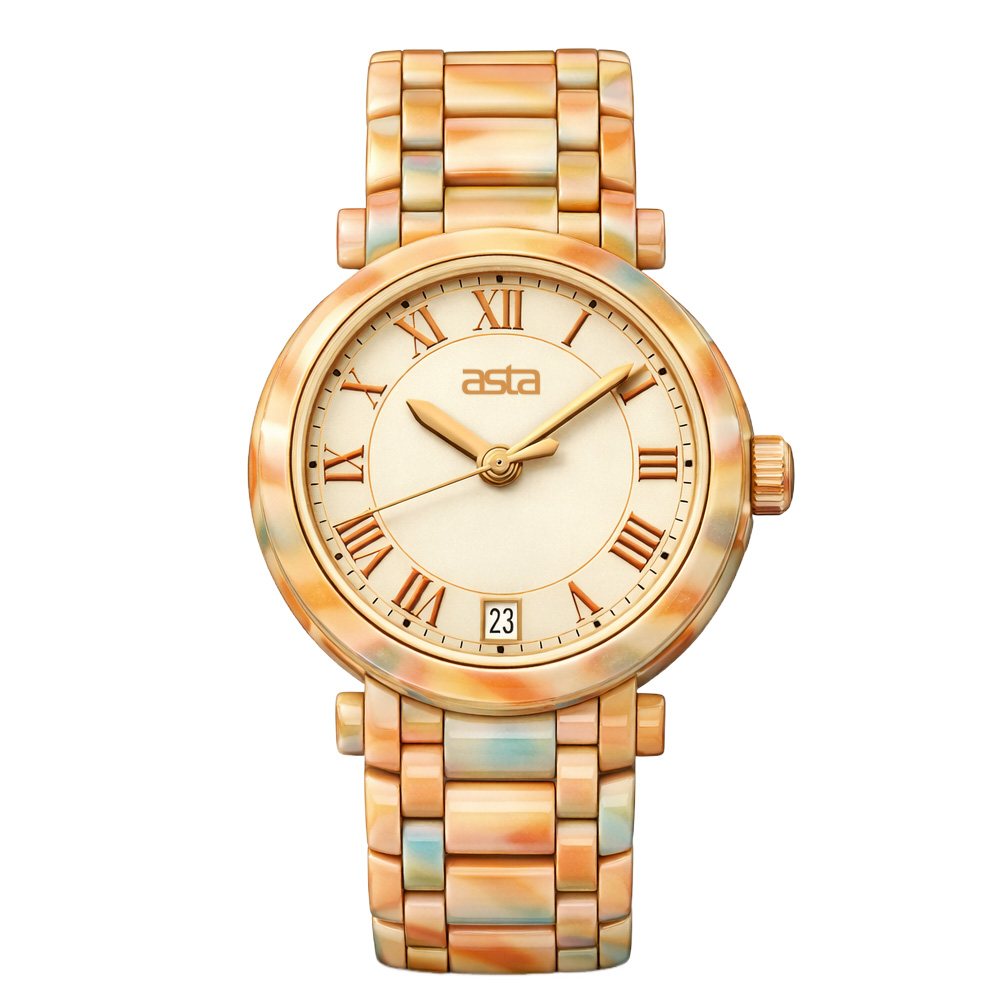 ASTA Jewelry Rainbow Amber Acetate Wristwatch showing translucent colorful texture with Date Window