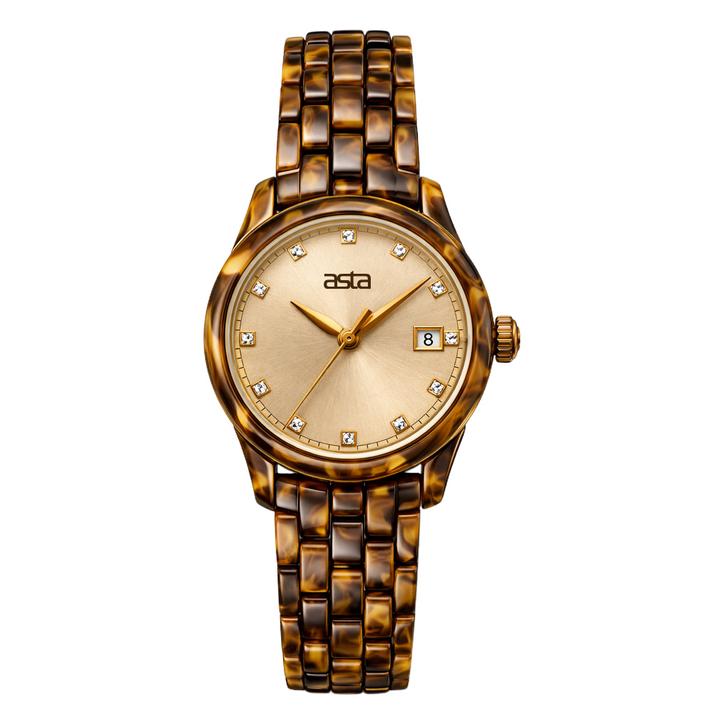 Golden Tortoise Radiance Acetate Watch for Women with Amber Tortoise Shell Strap and Crystal Indexes