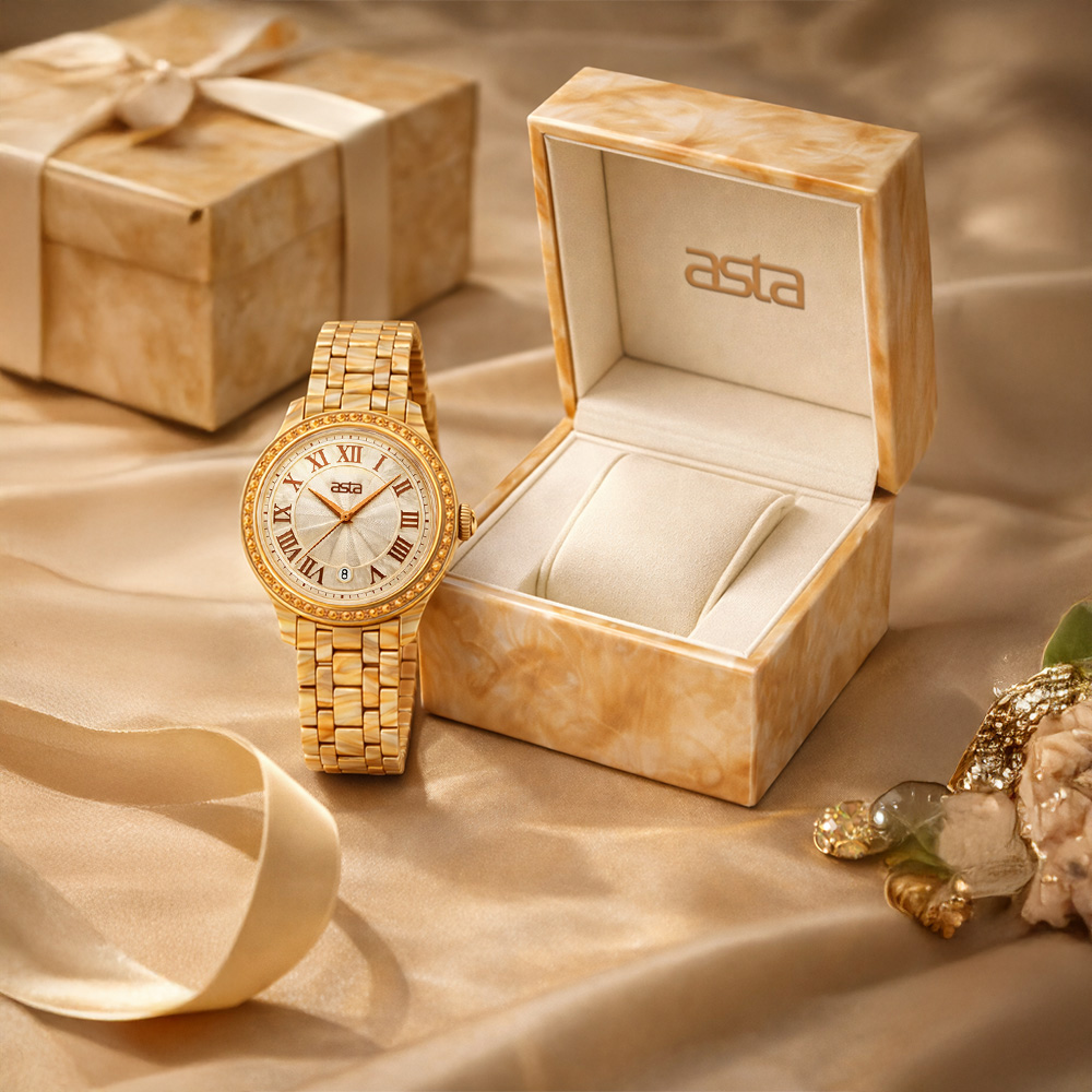 Premium ladies golden marble watch collection with high-end customized acetate packaging for luxury gift market