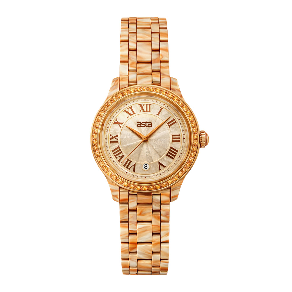 Golden Sand Marble Acetate Watch for Women with Amber Crystal Bezel and Champagne Gold Dial