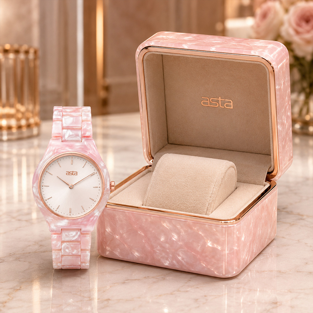 Premium ladies translucent pink watch collection with high-end customized bio-acetate packaging for boutique retail