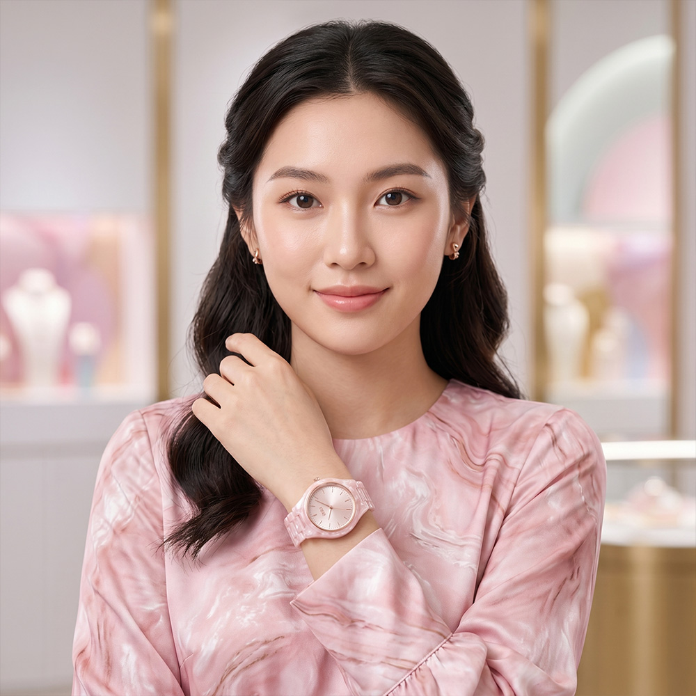 ASTA Jewelry Sakura Ice Watch showing dreamy clear quartz pink texture and elegant feminine aesthetic on wrist