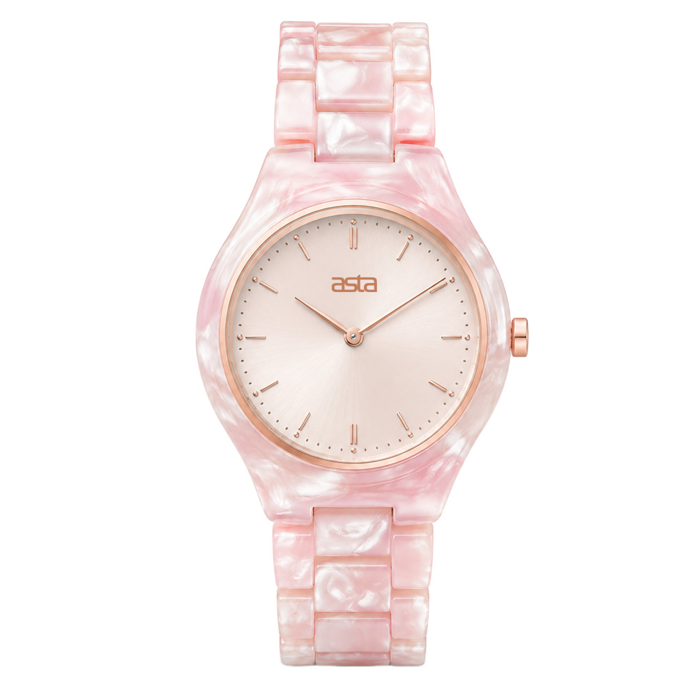 ASTA Jewelry Sakura Ice Watch featuring unique ice-phantom quartz texture and slim bio-acetate link bracelet