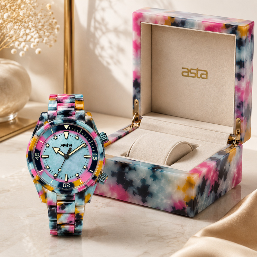 Luxury Neon Reef Camo Swirl Watch Gift Set with Matching Translucent Marbled Acetate Box and Silver Dial