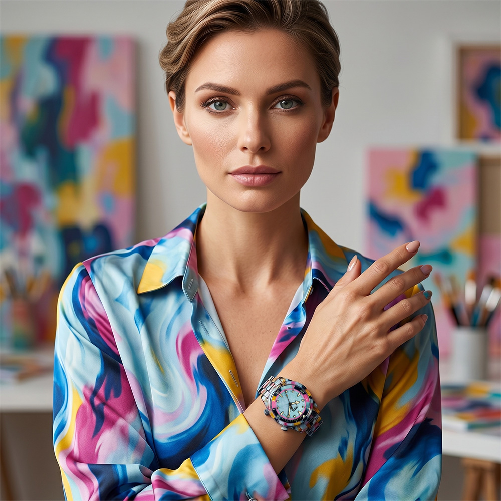 Chic blonde model wearing Neon Reef Camo Swirl Acetate Watch with a psychedelic patterned silk blouse