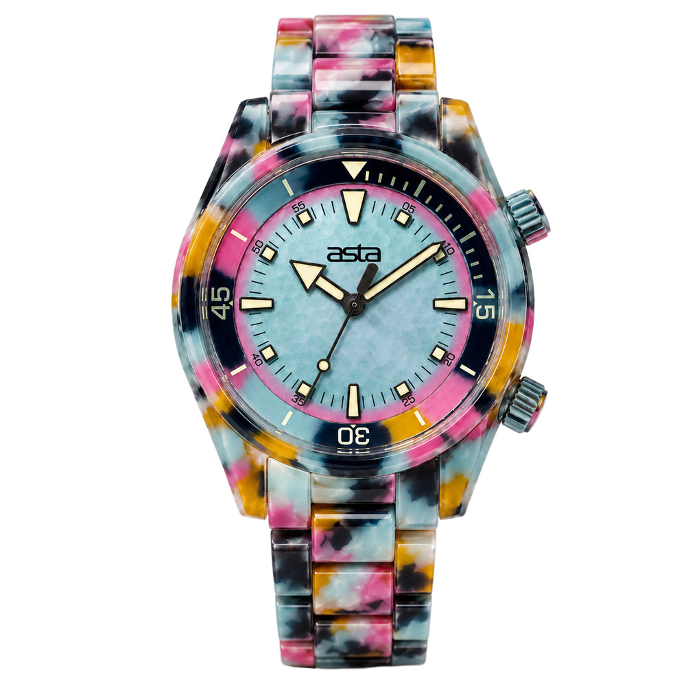 Vibrant Neon Reef Camo Swirl Acetate Watch for Women with Minimalist Silver Dial and Arabic Numerals