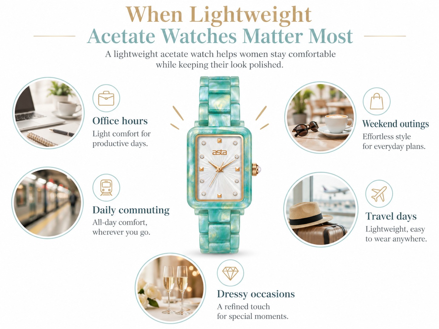 when lightweight acetate watches matter most for office commuting travel weekends and dressy occasions