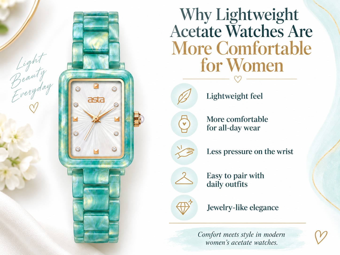 why lightweight acetate watches are more comfortable for women during all day wear