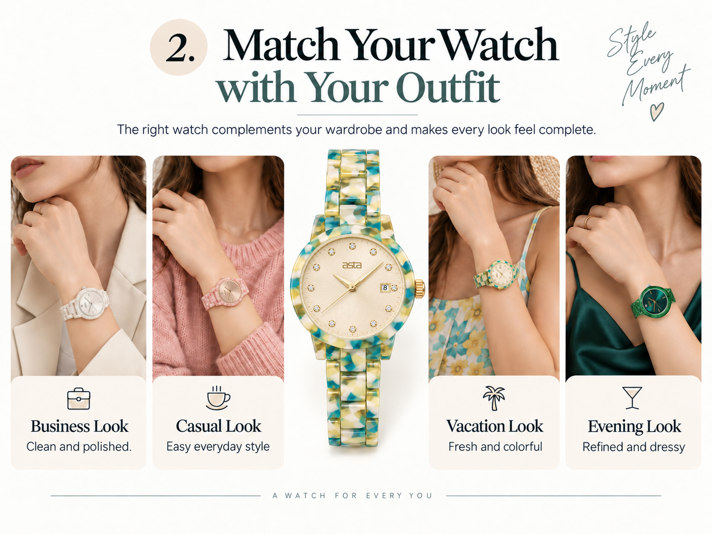 how to match an acetate watch with business casual vacation and evening outfits