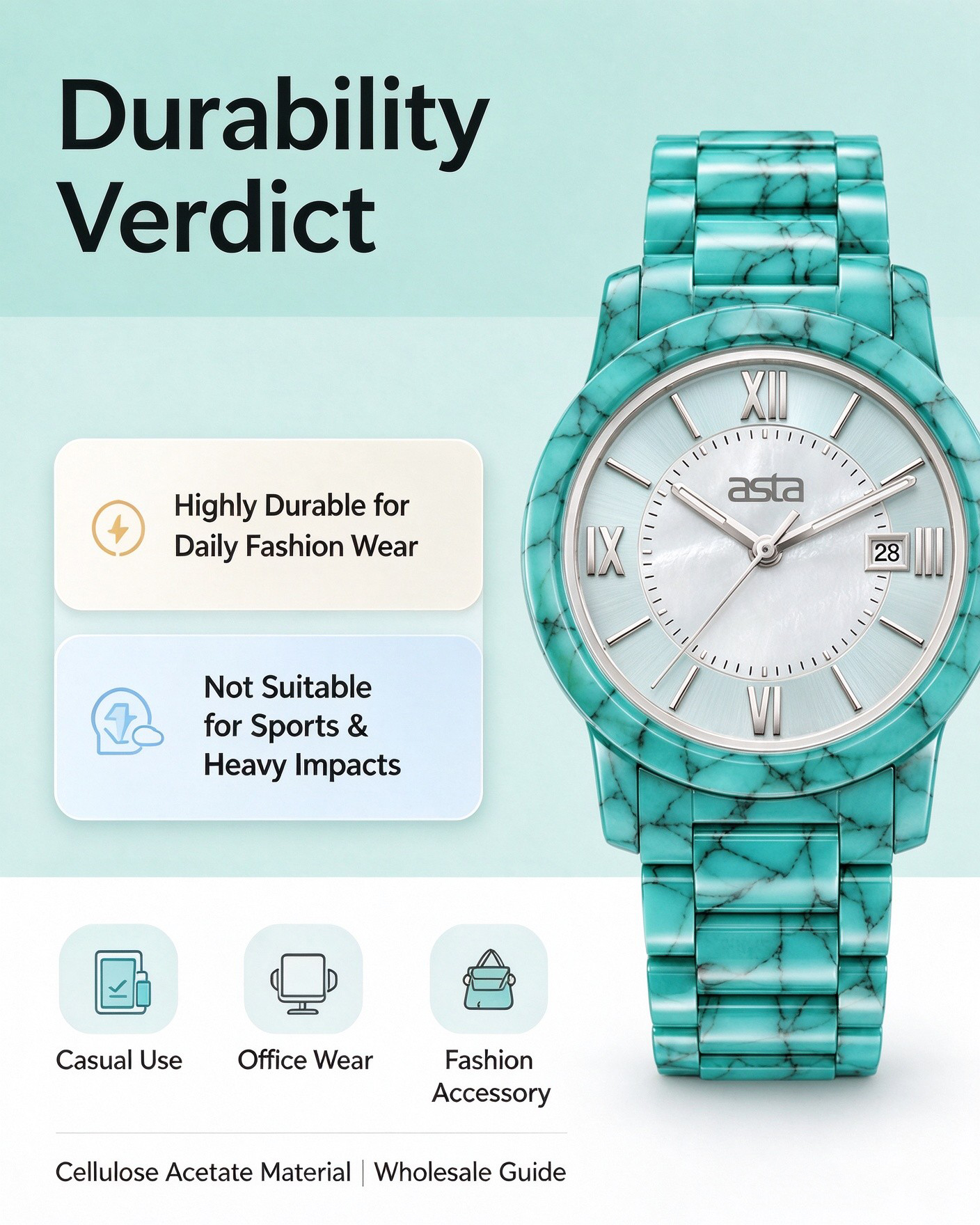 Durability verdict infographic for Asta turquoise acetate watch, cellulose acetate wholesale guide