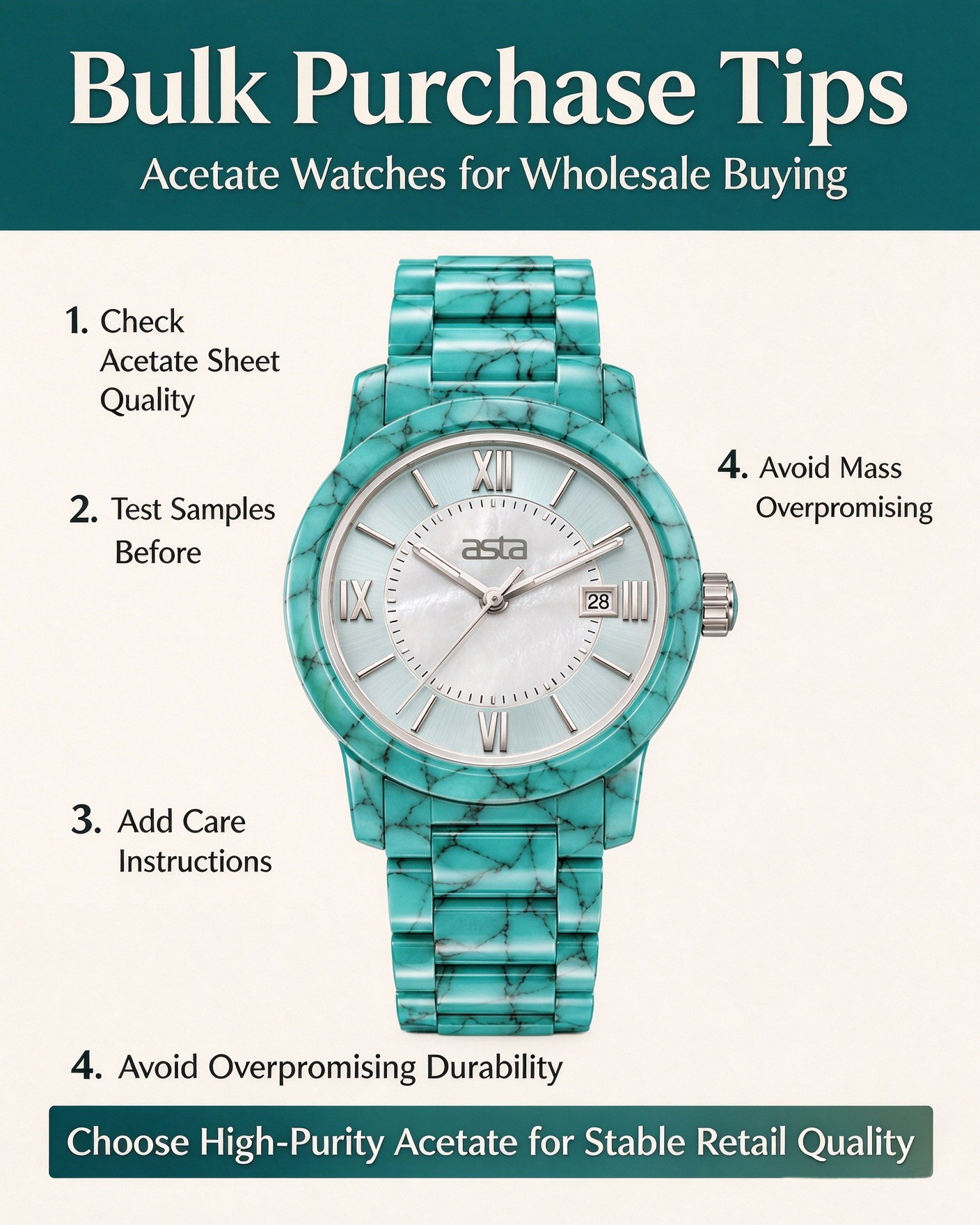 Bulk purchase tips infographic for acetate watches wholesale buying, Asta turquoise acetate wristwatch