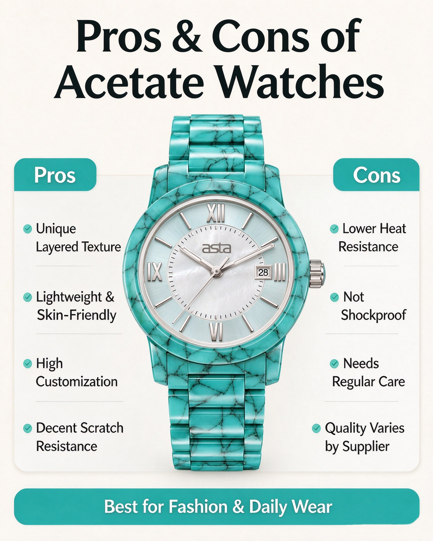 Pros and cons of acetate watches infographic, Asta turquoise marble acetate fashion wristwatch