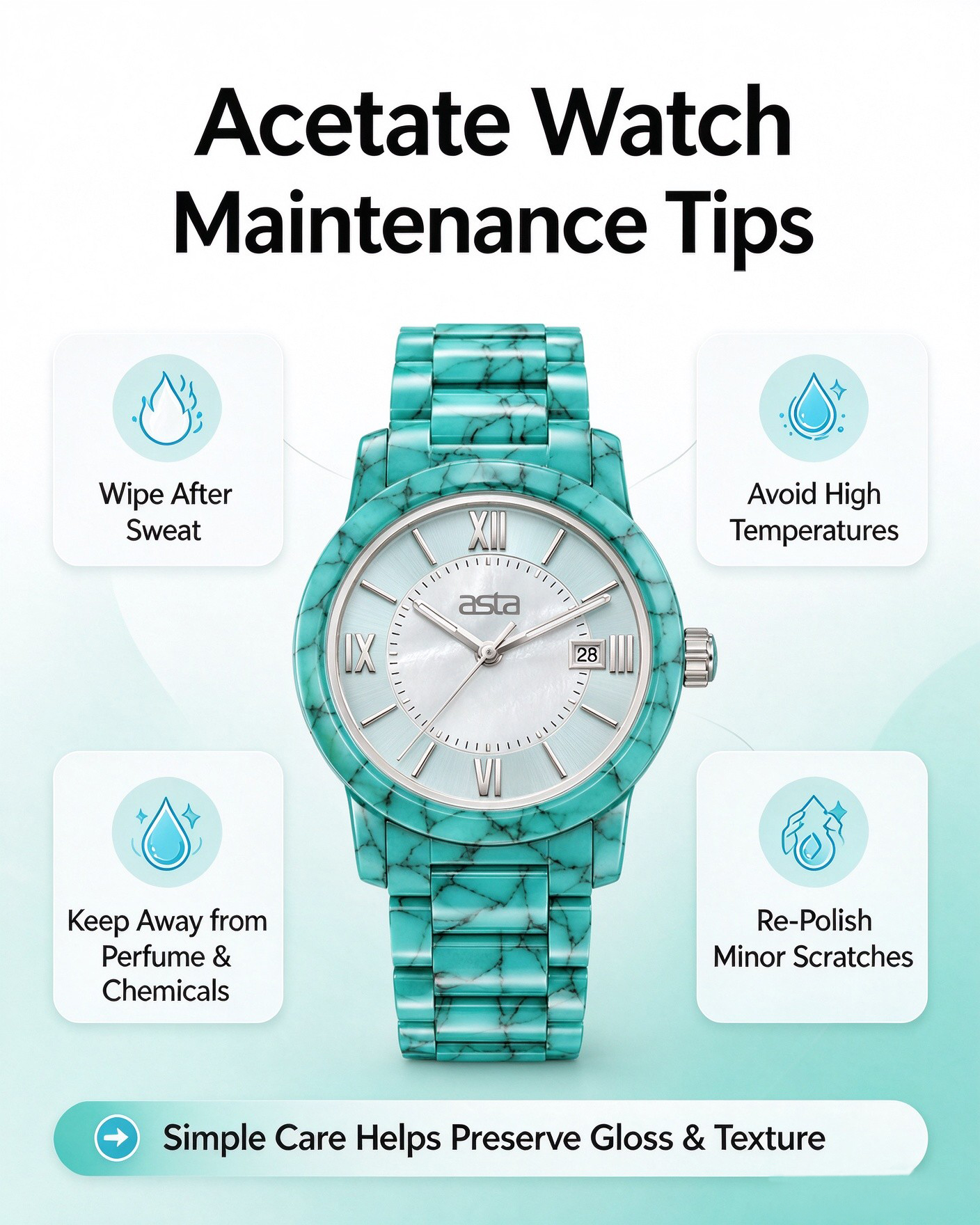 Acetate watch maintenance tips infographic, Asta turquoise marble acetate fashion wristwatch care guide