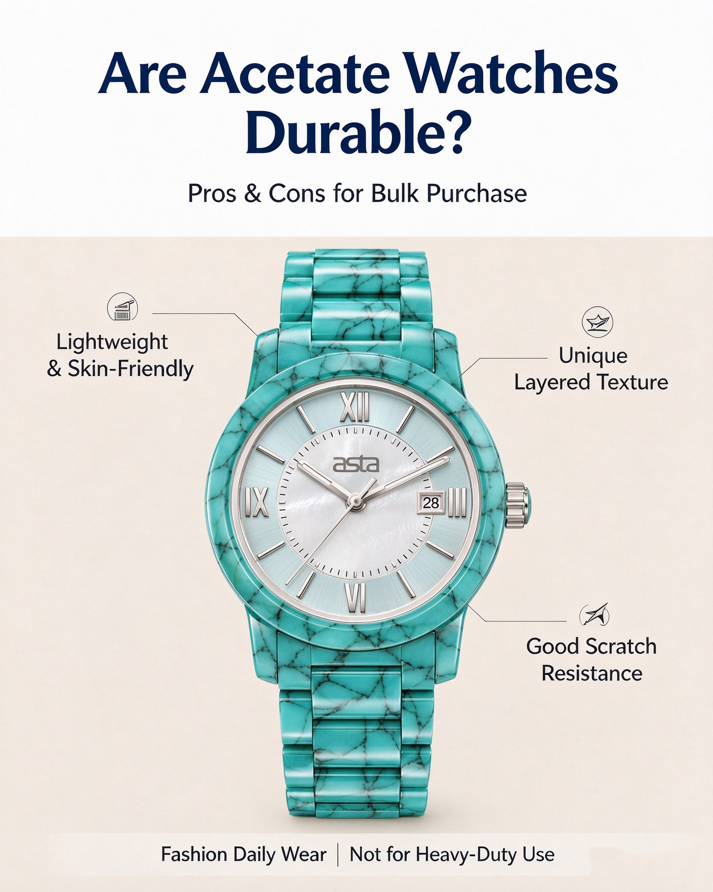 Turquoise acetate fashion watch with layered texture, lightweight skin-friendly daily wear wristwatch