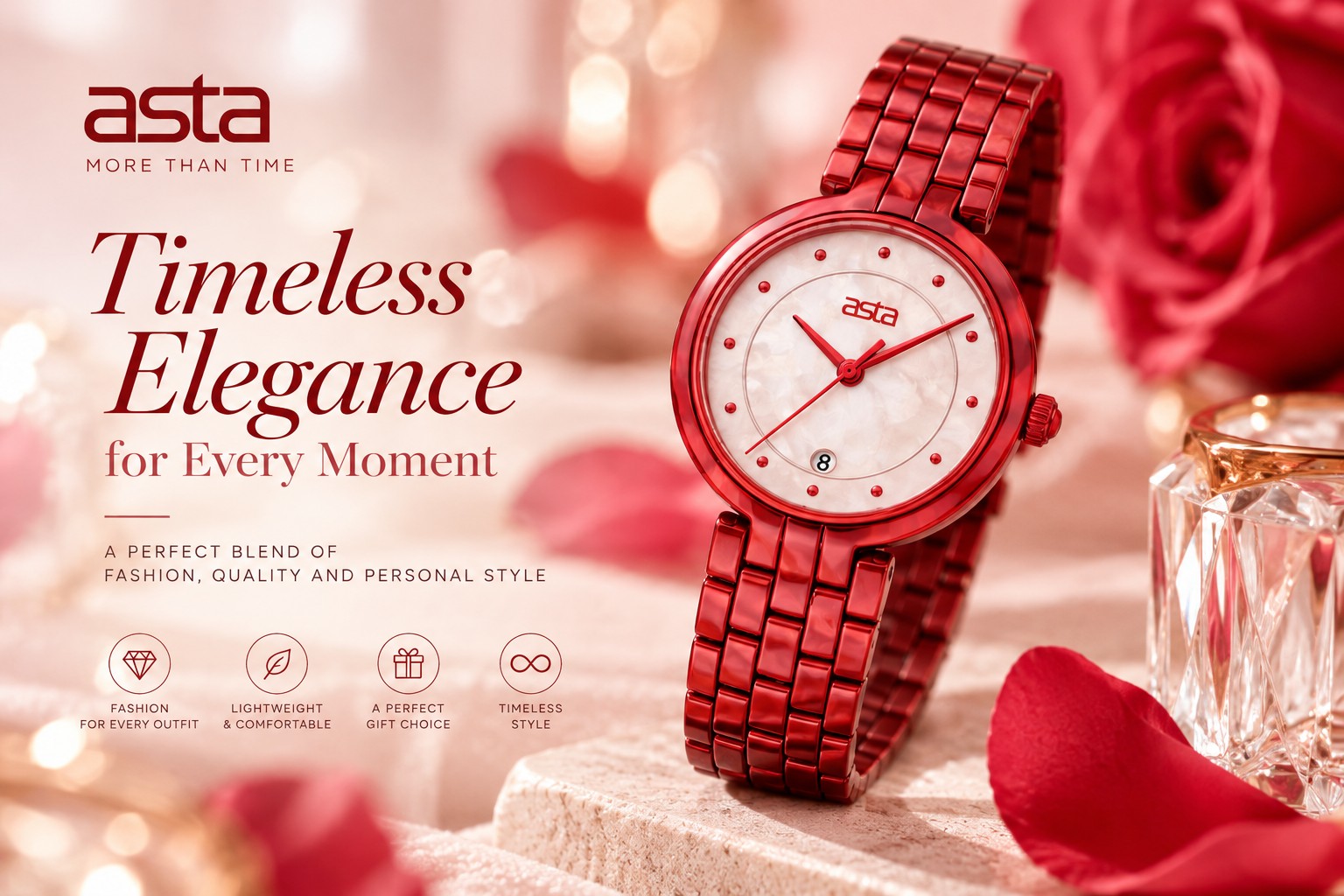 ASTA red acetate watch for women with pearl effect dial and elegant fashion design