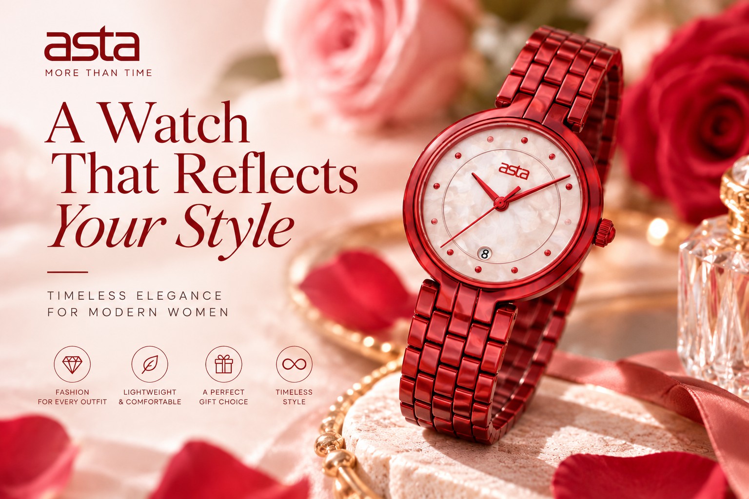 ASTA red acetate watch for women with pearl effect dial and elegant rose background