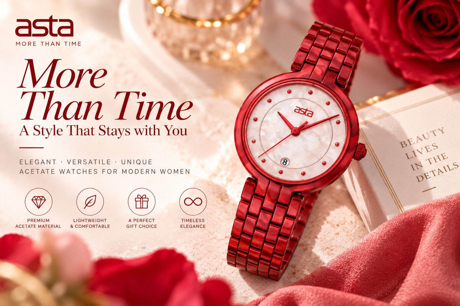 ASTA women's red acetate watch with pearl effect dial and elegant fashion design