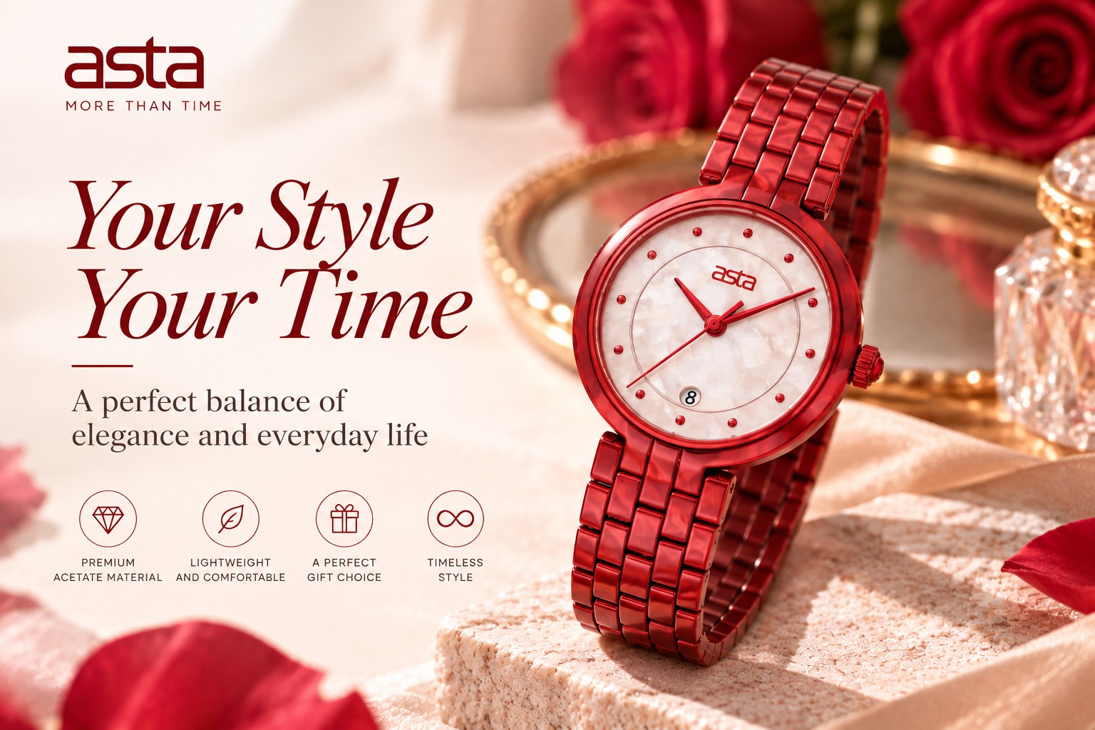 ASTA women's red acetate watch with pearl effect dial featured in Your Style Your Time campaign
