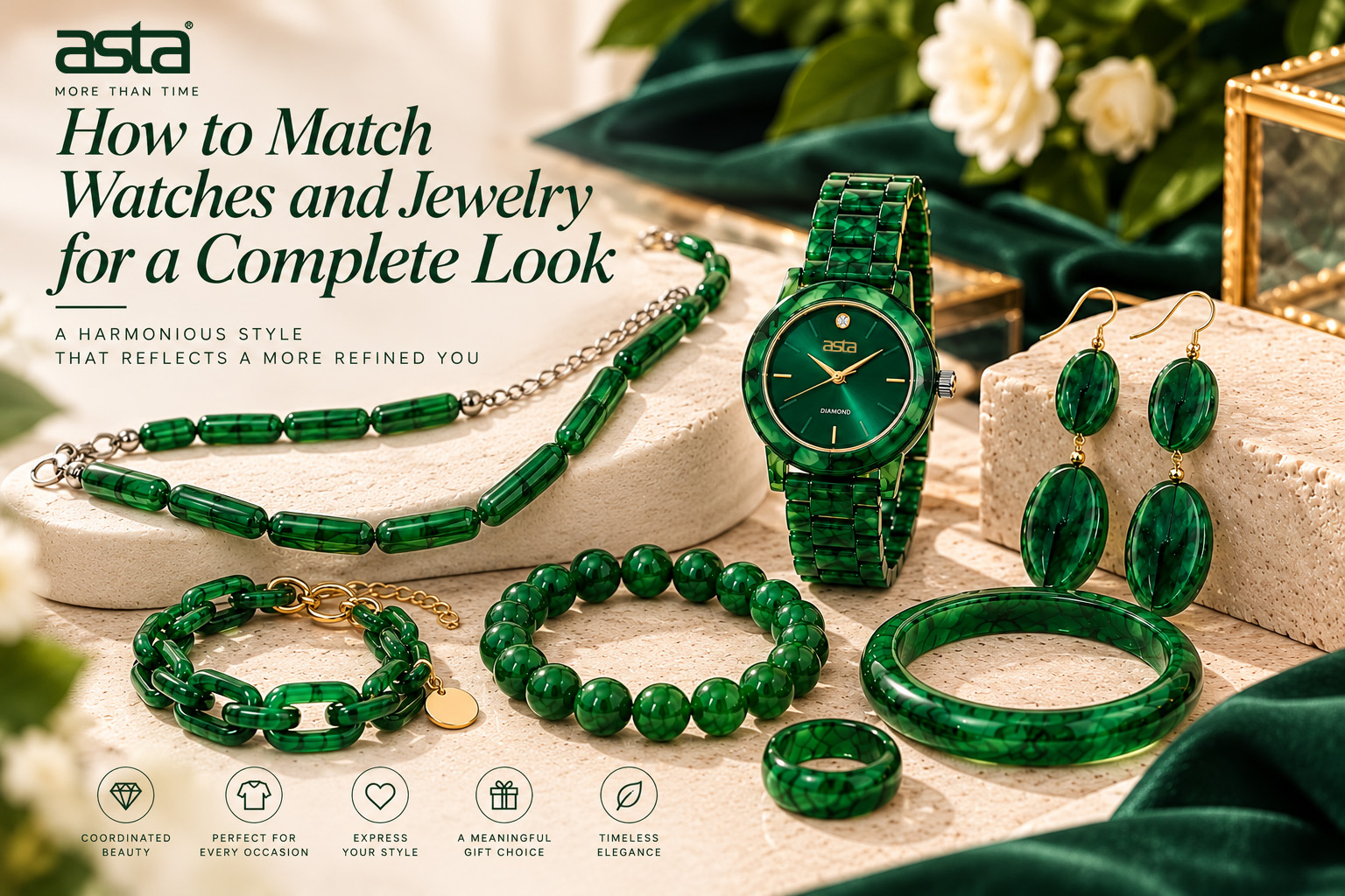 ASTA green acetate watch and matching jewelry set with necklace earrings bracelets bangle and ring