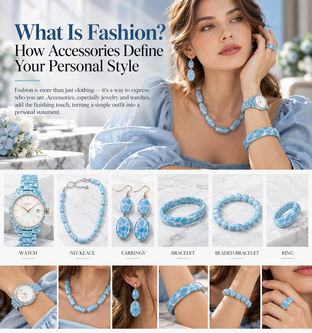 ASTA blue acetate watch and matching jewelry collection showing how accessories define personal style