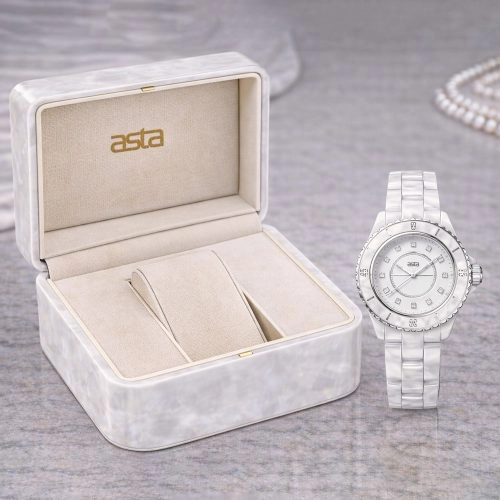 asta-Women Acetate Japan Quartz Watch White Pearl Marble 0101-Acetate Strap