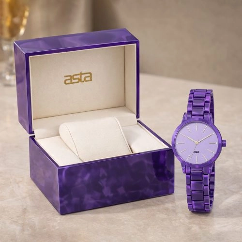 Relógio de quartzo japonês para mulher da Asta, com pulseira em acetato, modelo «Enchanted Violet Swirl» 0501 - Pulseira em acetato
