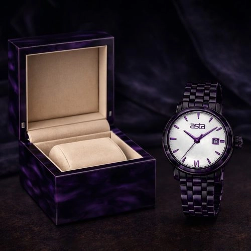 asta-Damenuhr aus Acetat, japanisches Quarzwerk, traubenviolett, 2201 – Acetat-Armband