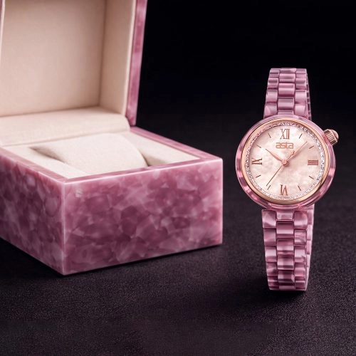 Reloj de cuarzo japonés para mujer de la marca Asta, con correa de acetato, diseño «Berry Marble», modelo 2601