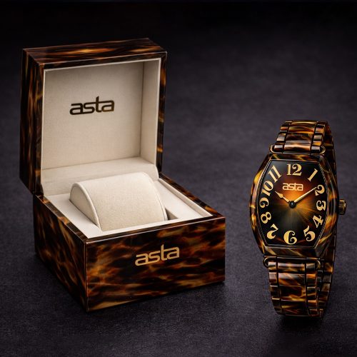 asta-Women Acetate Japan Quartz Watch Black & Gold Tortoise 3401-Acetate Strap