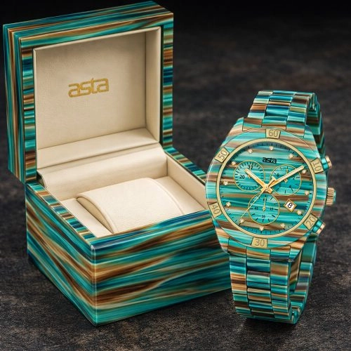 asta-Women Acetate Japan Quartz Watch Turquoise Swirl 4001-Acetate Strap