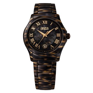 asta-Women Acetate Japan Quartz Watch Black Gold Havana 4201-Acetate Strap
