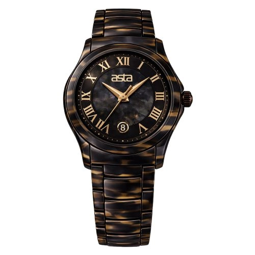 asta-Women Acetate Japan Quartz Watch Black Gold Havana 4201-Acetate Strap