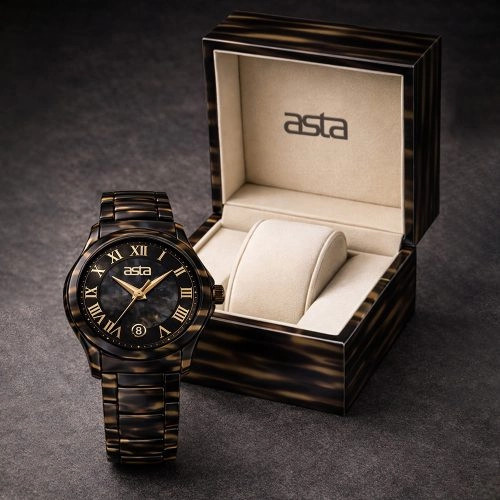 asta-Women Acetate Japan Quartz Watch Black Gold Havana 4201-Acetate Strap