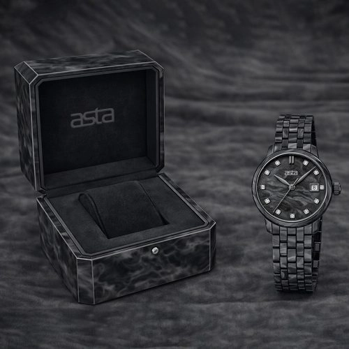 Reloj de cuarzo «asta-Women Acetate Japan» en mármol «Obsidian Phantom», 5901, con correa de acetato