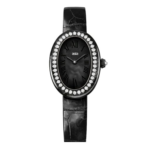 asta-Women Acetate Japan Quartz Watch Obsidian Glam Phantom 0401- Black Leather Strap