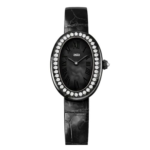 asta-Women Acetate Japan Quartz Watch Obsidian Glam Phantom 0401- Black Leather Strap