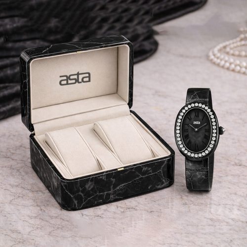 asta-Women Acetate Japan Quartz Watch Obsidian Glam Phantom 0401- Black Leather Strap