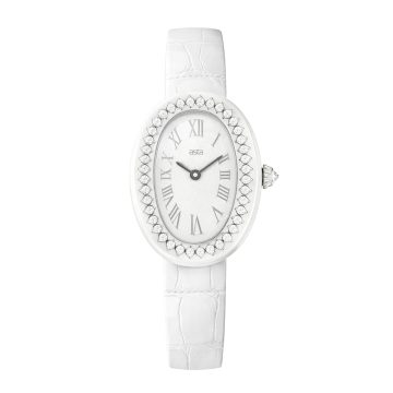 asta-Women Acetate Japan Quartz Watch White Porcelain Swirl 0402- White Leather Strap