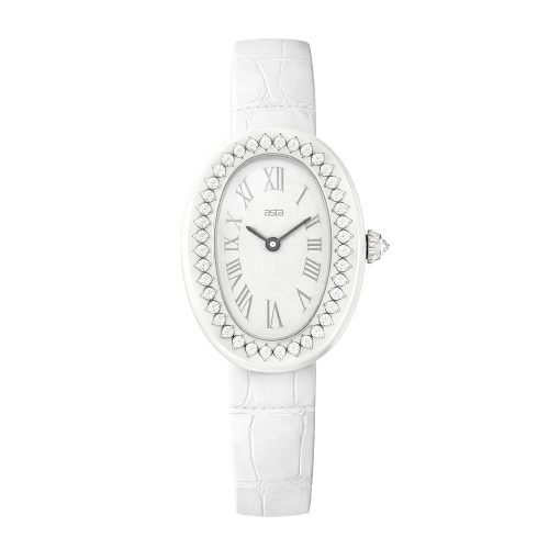 asta-Women Acetate Japan Quartz Watch White Porcelain Swirl 0402- White Leather Strap