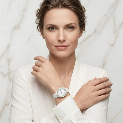 asta-Women Acetate Japan Quartz Watch White Porcelain Swirl 0402- White Leather Strap